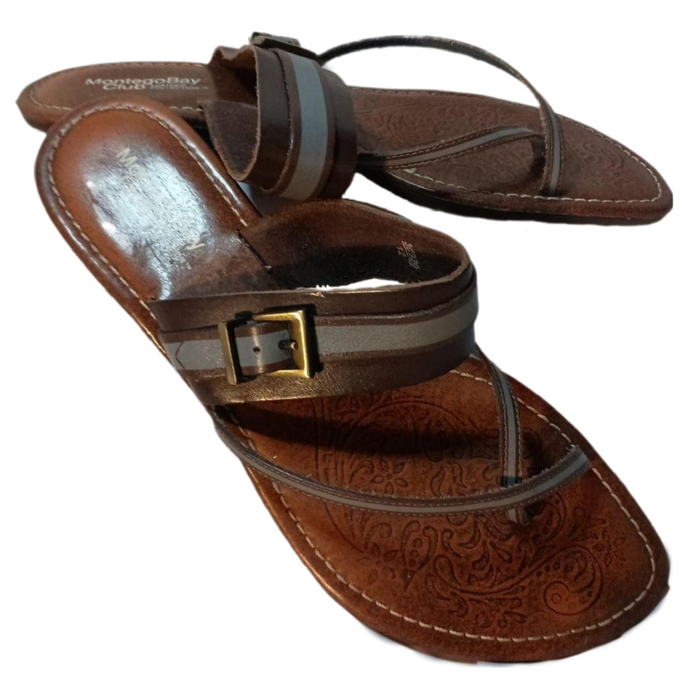Montego Bay Club Leather Collection Brown Blue Leather Strappy Sandals SKUW086
